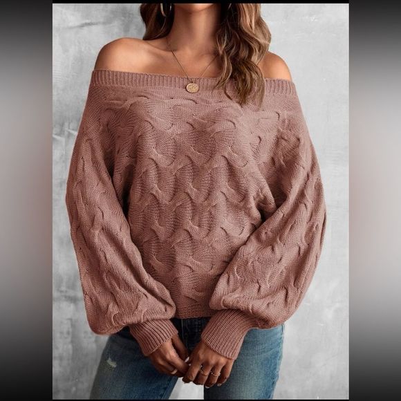 New Cozy Off Shoulder Batwing Sleeve Semi Cropped Sweater Trending Dusty Pink - Picture 6 of 8